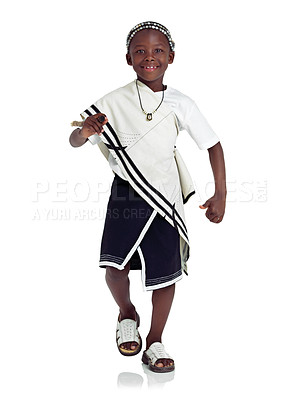 Buy stock photo Traditional, black boy and portrait with dance in studio for outfit, pride or confident in heritage. Happy, African kid and celebration with jewelry for culture, growth or clothes on white background