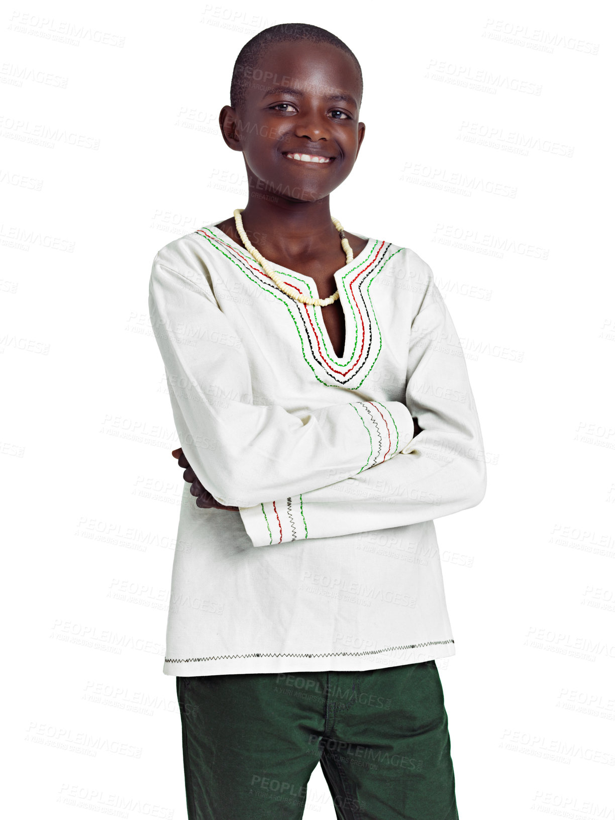 Buy stock photo Traditional, black kid and portrait with arms crossed in studio for culture, fashion and confidence. African boy, smile and kitenge with accessory for heritage, pride and clothes on white background