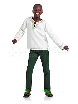 Buy stock photo Studio shot of an african teenage boy dancing against a white background