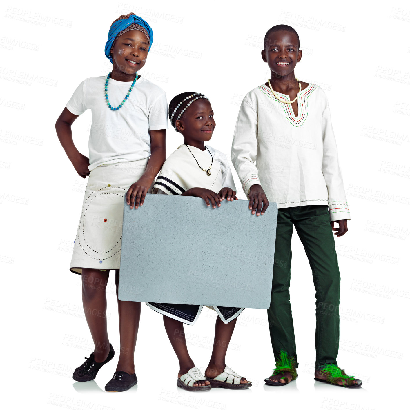 Buy stock photo Studio shot of african children holding a blank board against a white background