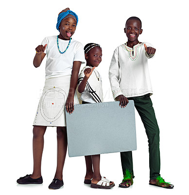 Buy stock photo Poster, culture and portrait of black children in studio with traditional fashion for mockup space. Thumbs up, happy and African kids with attire for event for indigenous pride by white background.