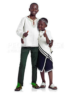 Buy stock photo Studio shot of two happy african siblings against a white background