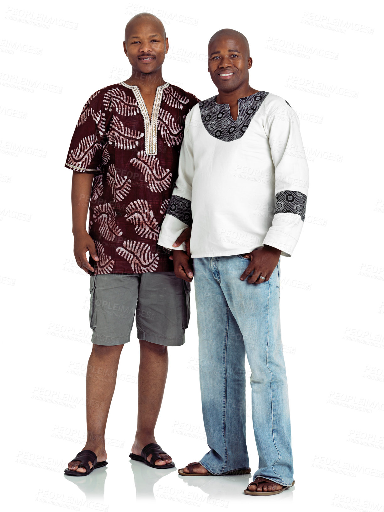 Buy stock photo Friends, fashion and portrait of African men in studio with confidence, trendy style and pride. Culture, traditional outfit and isolated people in ethnic clothes for heritage on white background