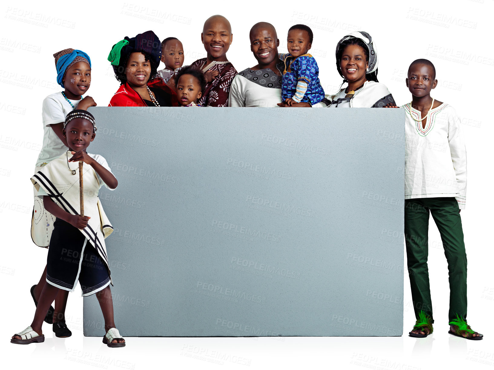Buy stock photo Studio shot of a large african family holding a blank board, isolated on white