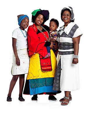 Buy stock photo Studio shot of two african women with their kids holding a blank board, isolated on white