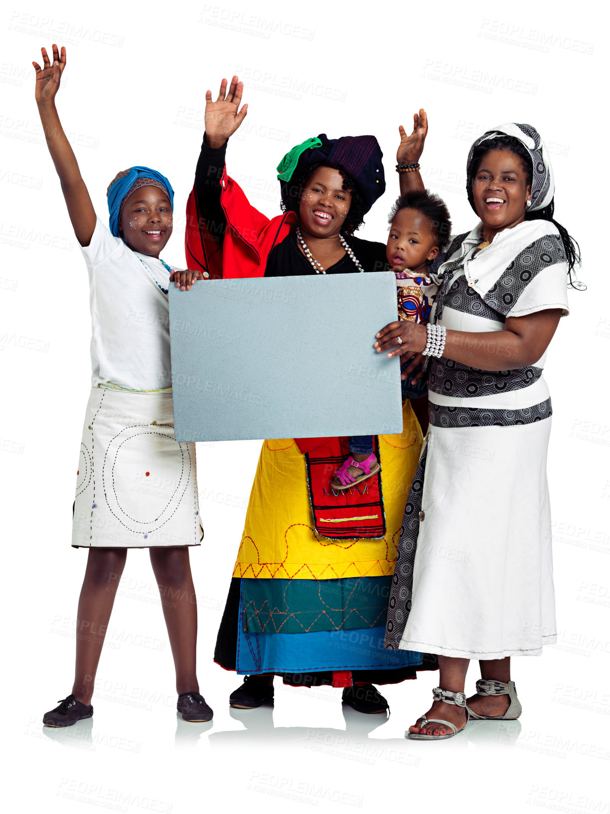 Buy stock photo Black family, portrait and blank placard in studio for culture, tradition and white background. Parents, children and empty display for mockup space, sign and poster info for heritage celebration