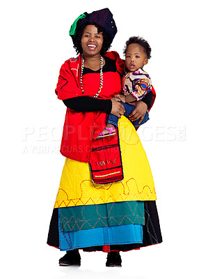 Buy stock photo Full length studio shot of an african woman and her baby daughter, isolated on white