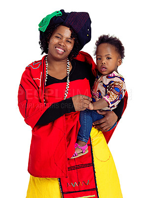 Buy stock photo Studio shot of an african woman and her baby daughter, isolated on white