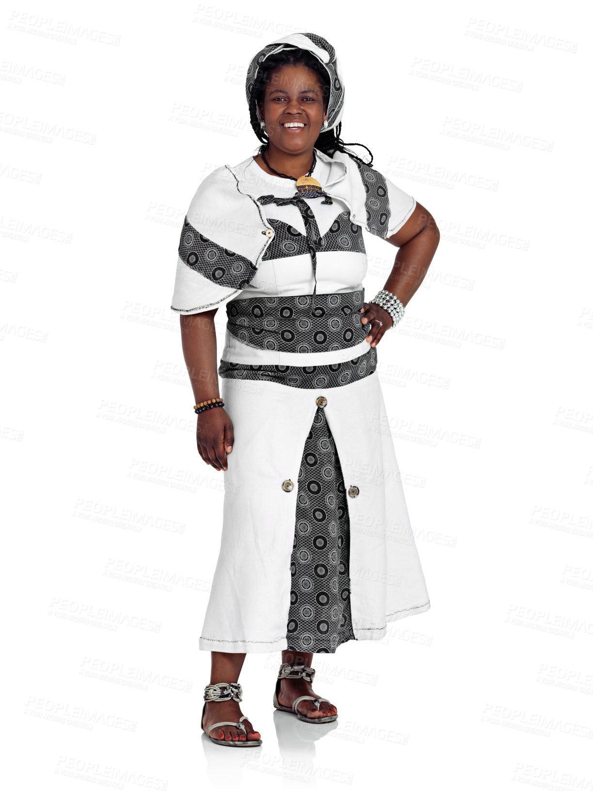 Buy stock photo Fashion, African and portrait of woman in studio with confidence, trendy style and pride. Culture, traditional outfit and isolated happy person with ethnic clothes for heritage on white background