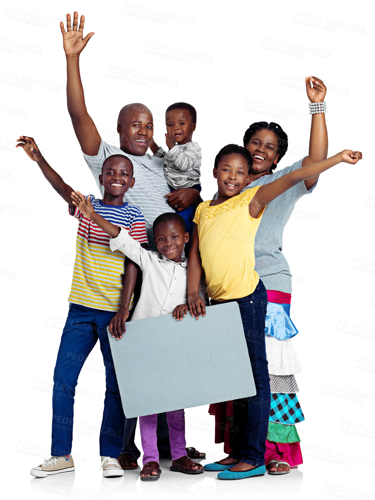 Buy stock photo African parents, children and happy in studio with poster mockup for welcome to country and host family for au pair. Excited people and kids in cheerful portrait with celebration on white background