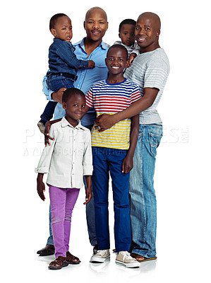 Buy stock photo Studio shot of two african men with their kids against a white background