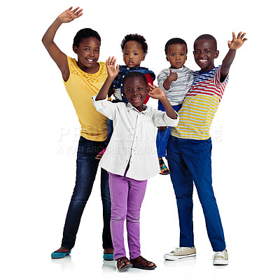 Buy stock photo Studio shot of african children waving against a white background