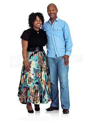 Buy stock photo Studio shot of a happy black couple standing against a white background
