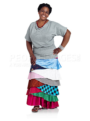 Buy stock photo Studio portrait of an african woman dressed in a traditional style skirt, isolated on white