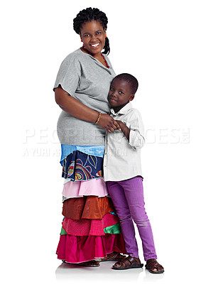 Buy stock photo Full length studio shot of an african woman hugging her young daughter