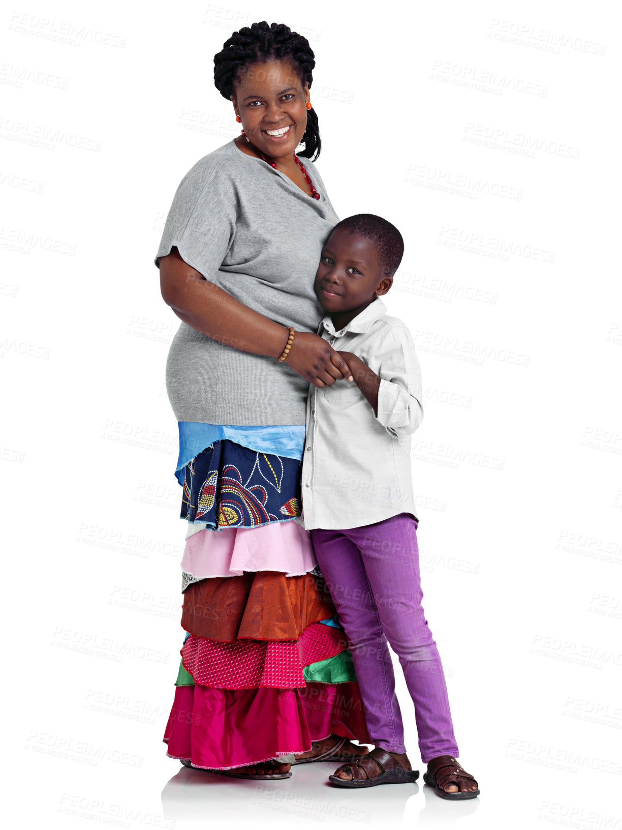 Buy stock photo African, portrait and smile of mother with son in studio isolated on white background for culture. Heritage, holding hands or tradition with happy black family of single woman parent and boy child