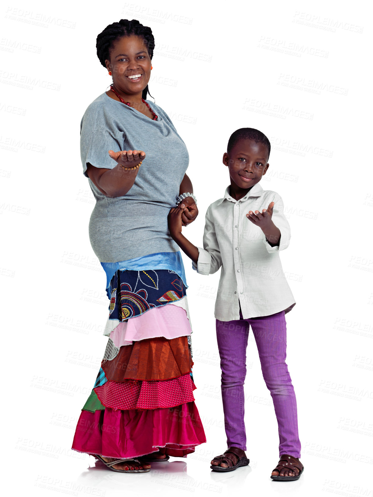 Buy stock photo Black family, portrait and child with African fashion and hand gesture for advertising with mom. Happy, smile and youth with care, support and love of parent with presenting deal and white background