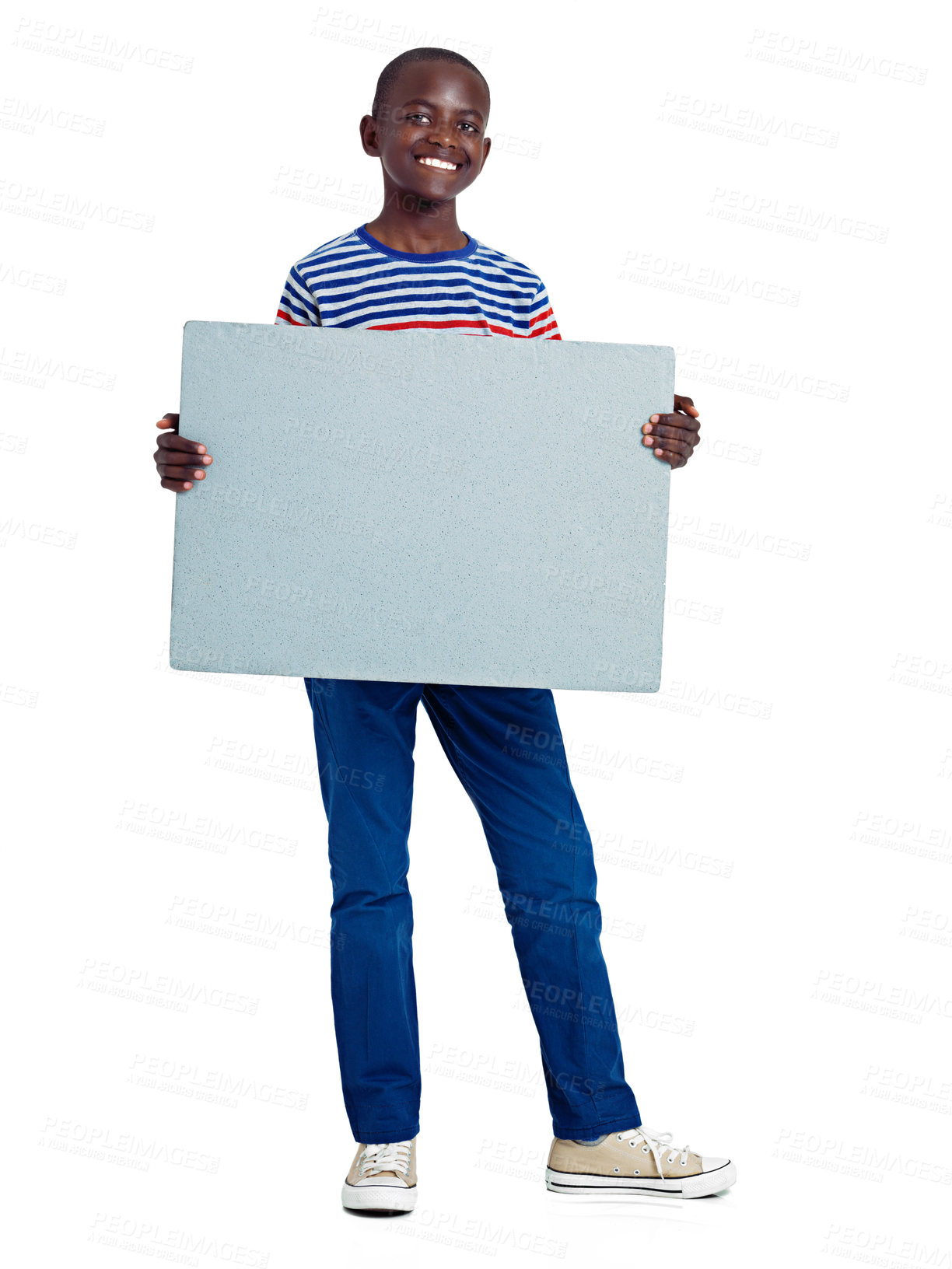 Buy stock photo Black boy, portrait and blank poster in studio, placard and kid information on white background. Male person, empty display and mockup space on sign for news or announcement, child and commercial