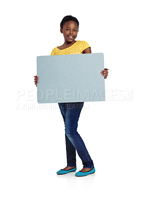 Buy stock photo Full length studio shot of an african teenage girl holding a blank board