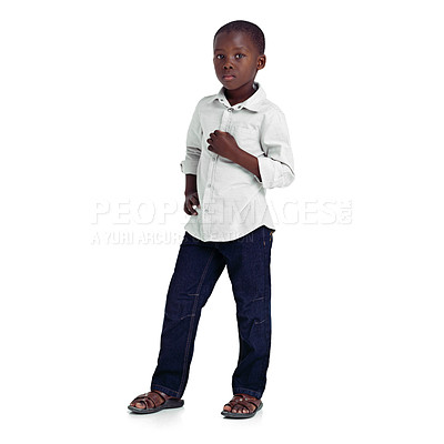 Buy stock photo Full length studio shot of a young african girl looking seriously at the camera