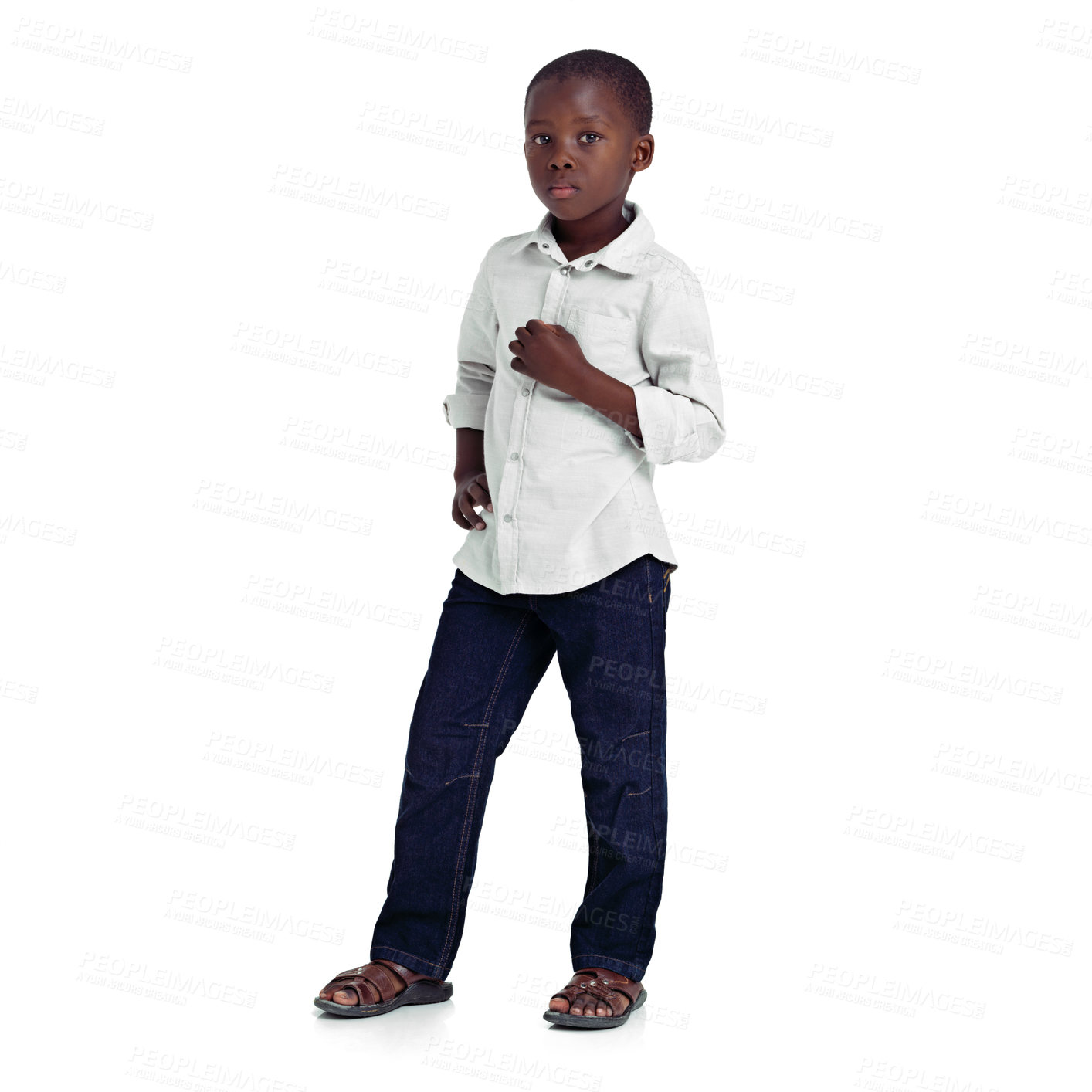 Buy stock photo Portrait, black kid and fashion in studio with confidence, attitude and positivity. African child, individuality and pride on white background for culture, ready for school and trendy in Nigeria