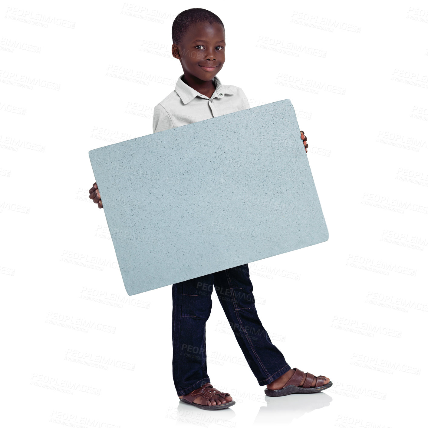 Buy stock photo Full length studio shot of a young african girl holding a blank board