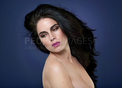 Buy stock photo Thinking, glamour and woman in studio for hair cosmetics, shine or luxury beauty on blue background. Makeup, wellness or model with shampoo, scalp or glow haircare results, growth and smooth texture 
