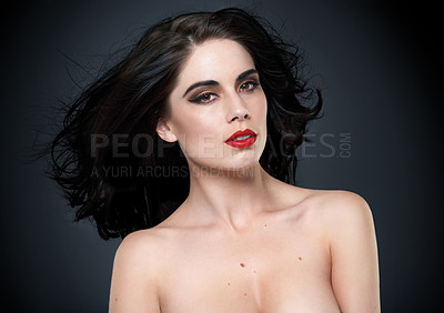 Buy stock photo Portrait, woman in makeup and hair care for beauty, bold color and eyeshadow on black background. Eyeliner, red lipstick and keratin treatment, cosmetic shine and cosmetology for glamour in studio