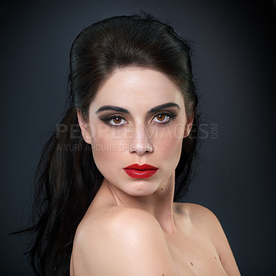 Buy stock photo Makeup, red lipstick and portrait of woman on black background for skincare, wellness and glamour. Cosmetology, aesthetic and face of confident person with beauty, cosmetics and salon in studio