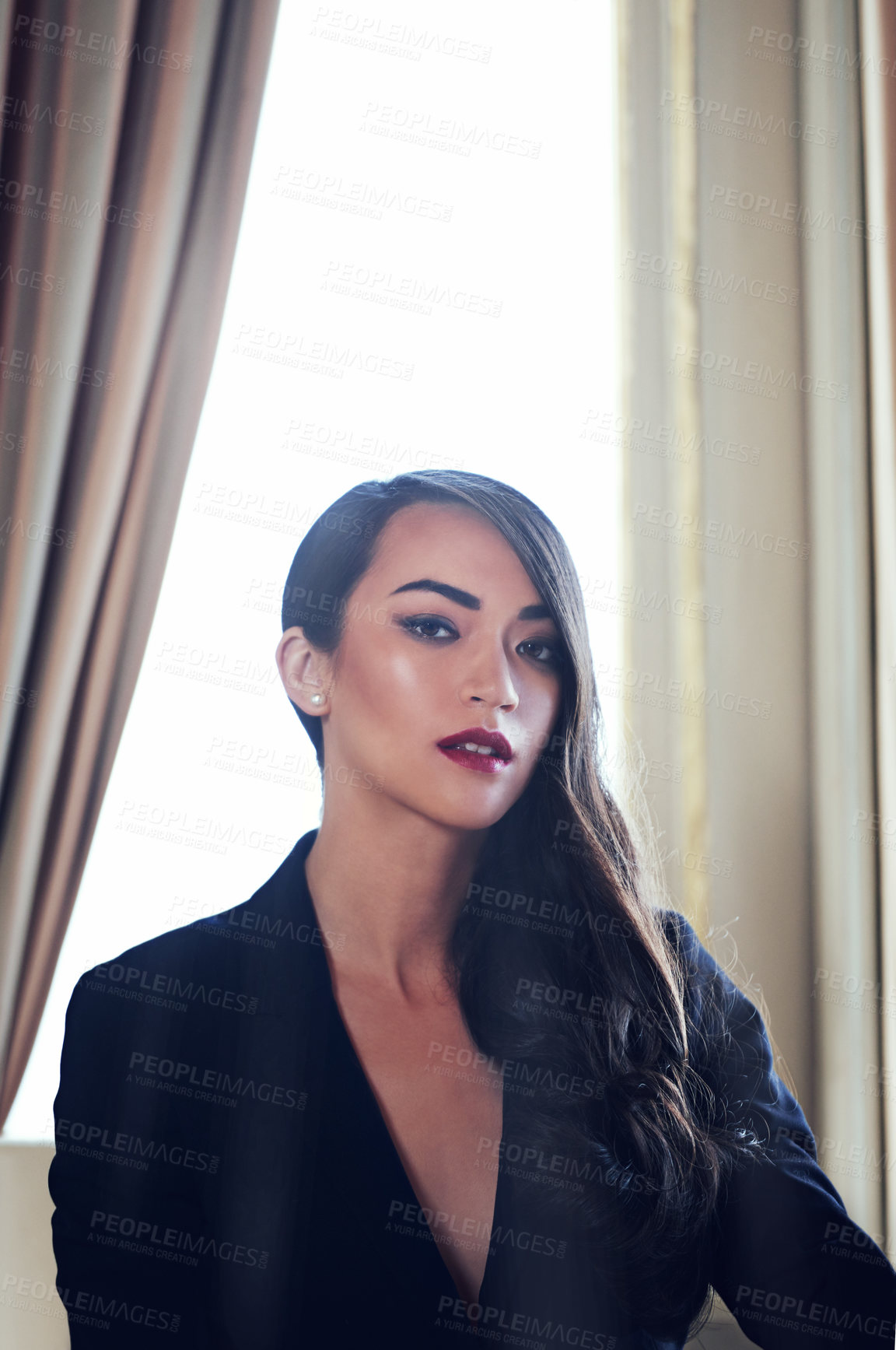 Buy stock photo Asian woman, portrait and luxury fashion with style for fancy event with confidence in suit, classy or expensive. Female person, face and clothing at formal party with edgy blazer, cool or serious