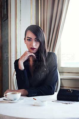 Buy stock photo Portrait coffee and woman with cigarette, restaurant and luxury with break, mob wife and boss lady. Face, person or vintage fashion with girl in cafe, rich or wealthy with confident gangster or hotel