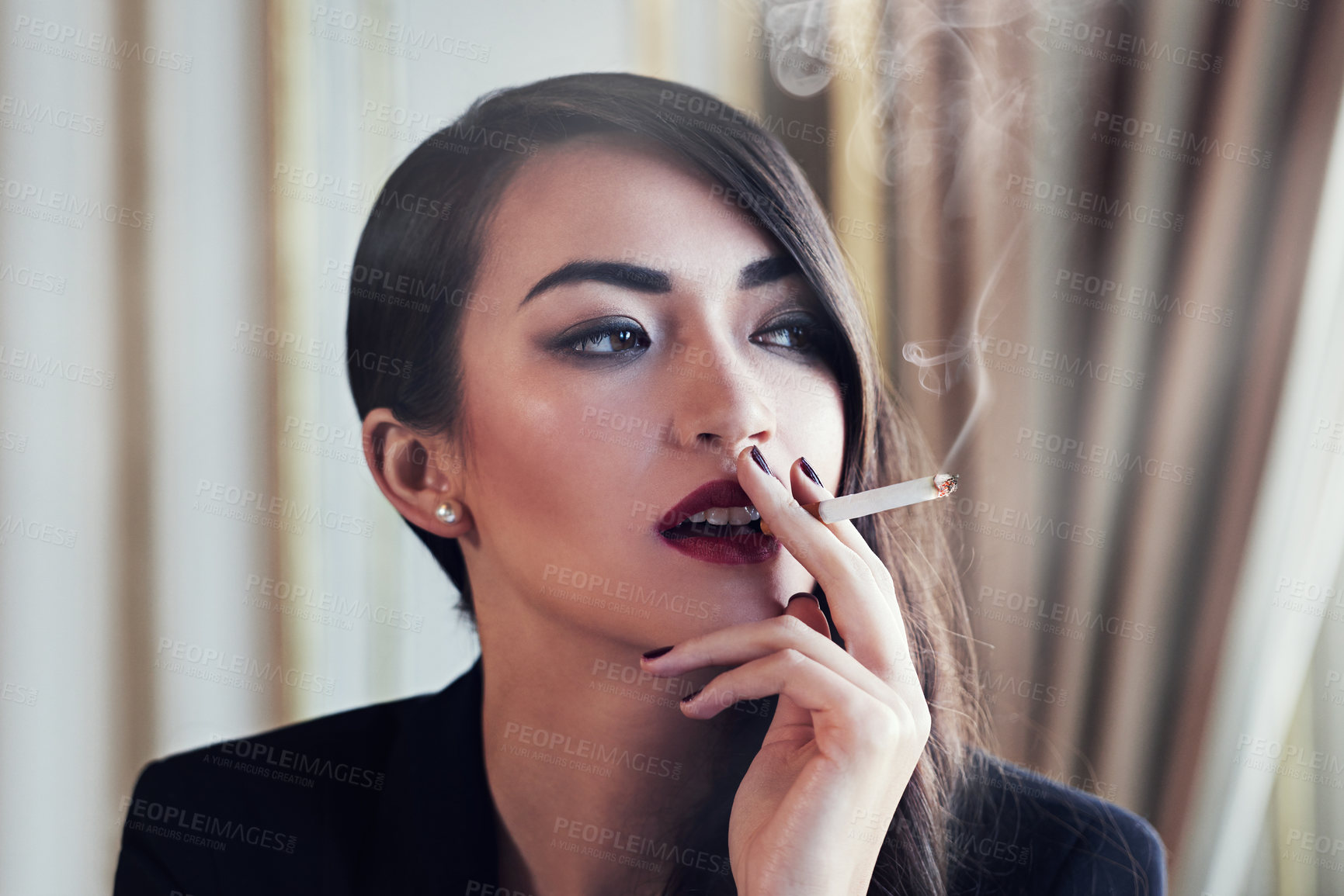 Buy stock photo Woman, cigarette and smoking with thinking in home for decision, memory or vision with mystery. Person, girl and tobacco for ideas, reflection and choice for mafia with vintage style at house in Rome