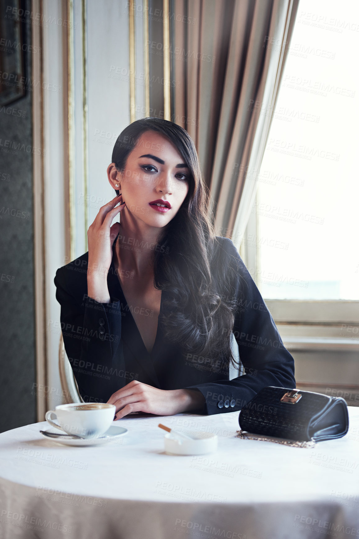 Buy stock photo Portrait coffee and woman with cigarette, cafe or luxury with mob wife, elegant lady or gangster. Face, person or vintage fashion with crime boss, rich or criminal with confidence or hotel with mafia