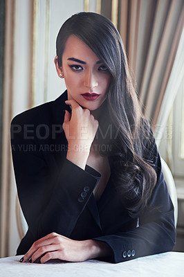 Buy stock photo Asian woman, portrait and serious or fashion with style for fancy event or confidence in suit, classy or makeup. Female person, face and clothing at formal party with edgy blazer, cosmetic or beauty