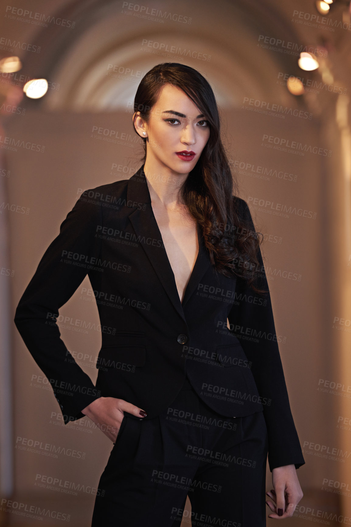 Buy stock photo Portrait, outdoor and fashion with woman, beauty and stylish clothes with gangster, Paris and evening. Face, person or boss lady with retro elegant outfit, night or girl with vintage, luxury or mafia