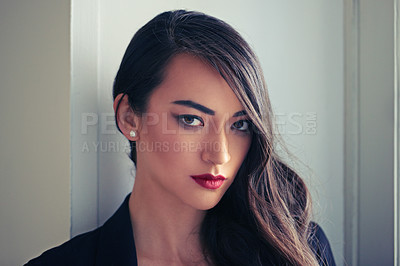 Buy stock photo Woman, beauty and makeup in portrait with hair, confidence and pride in red lipstick for elegance and shine. Glamour, style and cosmetics, assertive and feminine with eyeliner for edgy look and waves