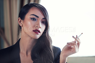 Buy stock photo Woman, cigarette and thinking by window in home for decision, memory or relax with mystery. Person, girl and smoking with ideas, reflection and choice for mafia with vintage style at house in Rome