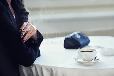 Buy stock photo Woman, hands and smoking with coffee at cafe for morning tobacco, caffeine or nicotine. Closeup of female person or smoker with cigarette, cappuccino or americano at vintage or retro restaurant