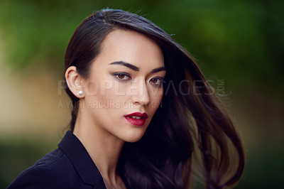 Buy stock photo Woman, beauty and lipstick with hair care in portrait, confidence and pride with makeup, elegance and shine. Glamour, style and cosmetics, assertive and feminine with edgy look and elegant outdoor