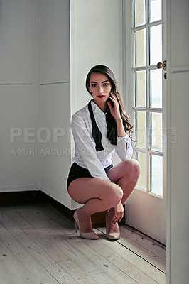 Buy stock photo Asian woman, portrait and shirt with underwear or fashion confidence at window on floor, bow tie or edgy. Female person, face and stylish elegance in high heels with cool clothing, beauty or pride
