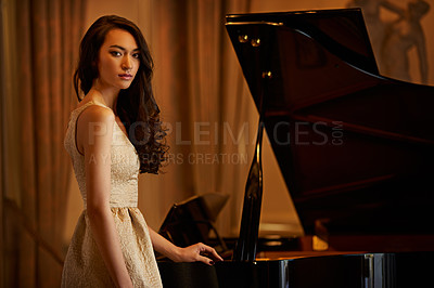 Buy stock photo Ballroom, woman student and portrait with piano, musician and mansion ready for music performance. Elegant, lounge and instrument with chandelier, pianist and luxury with sound artist and fashion