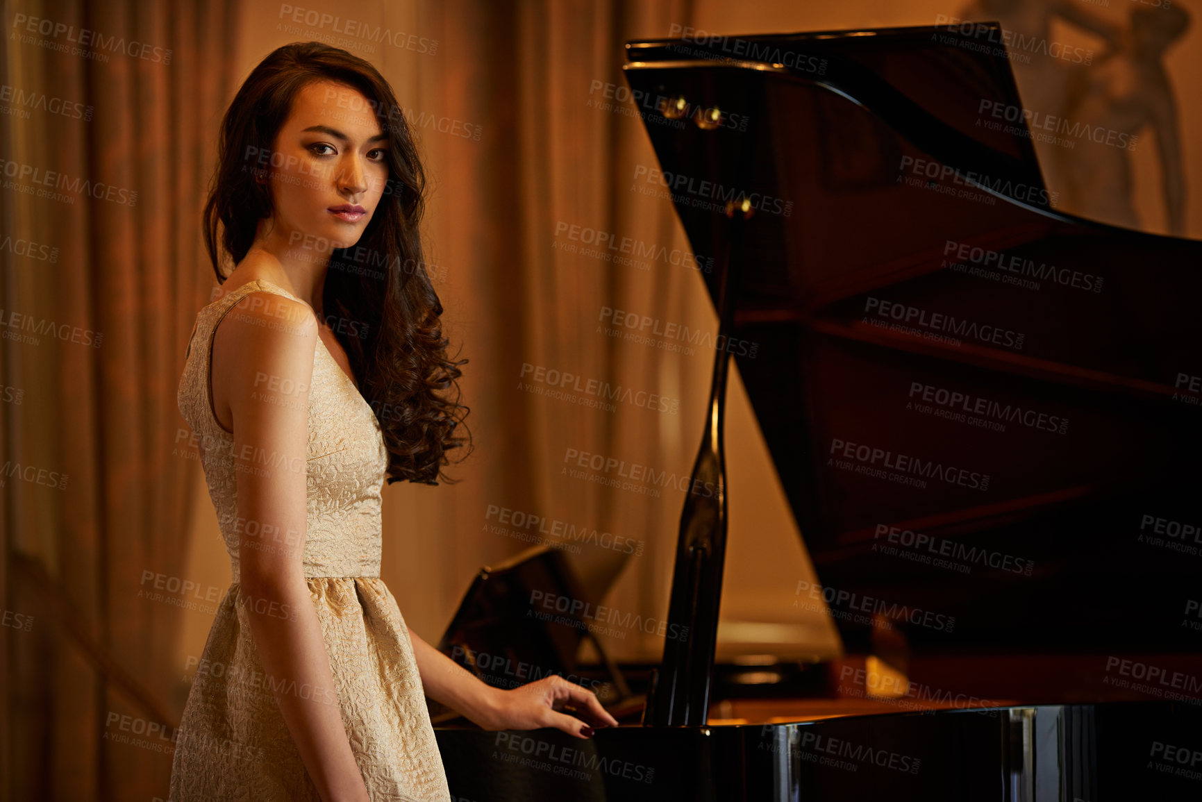 Buy stock photo Ballroom, woman student and portrait with piano, musician and mansion ready for music performance. Elegant, lounge and instrument with chandelier, pianist and luxury with sound artist and fashion