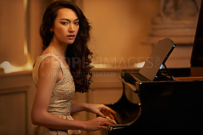 Buy stock photo Mansion, woman and piano with portrait, home and pianist in a ballroom with luxury instrument. Musician, palace and vintage fashion of sound artist with song and playing with glamour and style