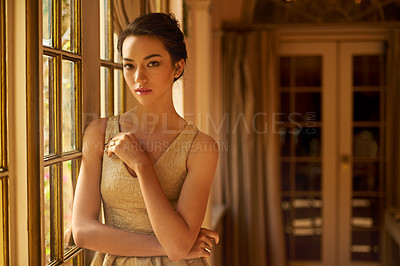 Buy stock photo Fashion, window and portrait of elegant woman in home for gala event in style, classy outfit and dress. Wealth, aesthetic and person with confidence, pride and glow in vintage manor, house or mansion