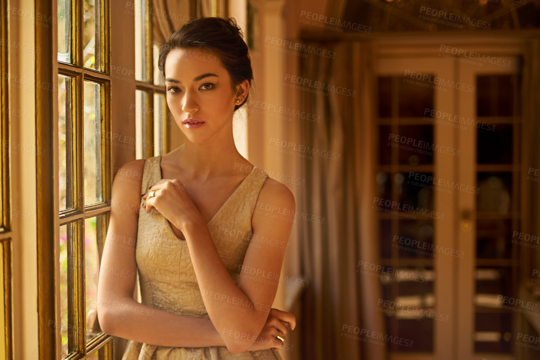 Buy stock photo Fashion, window and portrait of elegant woman in home for gala event in style, classy outfit and dress. Wealth, aesthetic and person with confidence, pride and glow in vintage manor, house or mansion