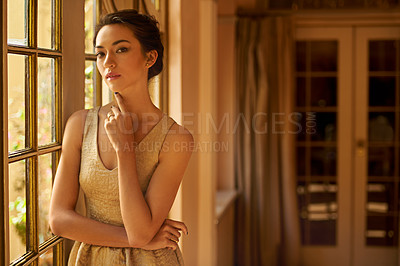 Buy stock photo Fashion, beauty and portrait of woman in elegant home in style, classy outfit and formal clothes. Window, aesthetic and person with confidence, pride and luxury in vintage manor, house and mansion