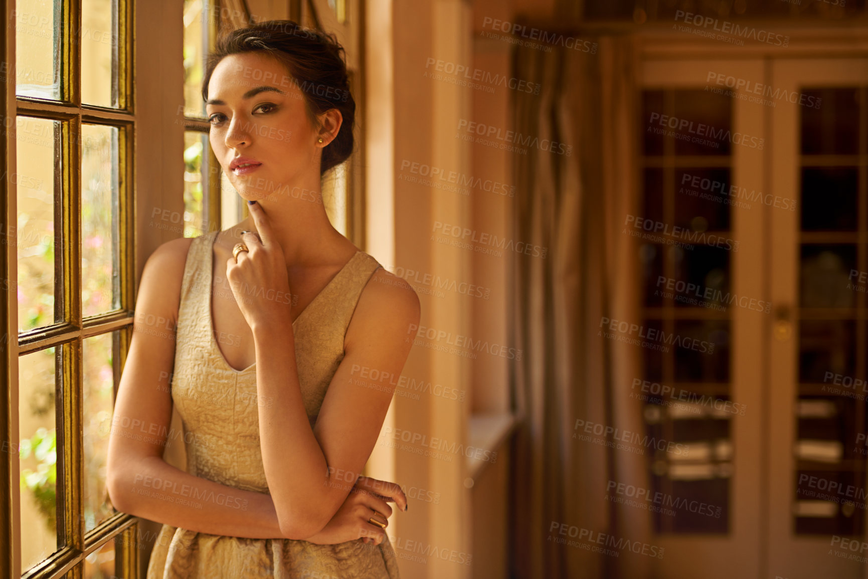 Buy stock photo Fashion, beauty and portrait of woman in elegant home in style, classy outfit and formal clothes. Window, aesthetic and person with confidence, pride and luxury in vintage manor, house and mansion