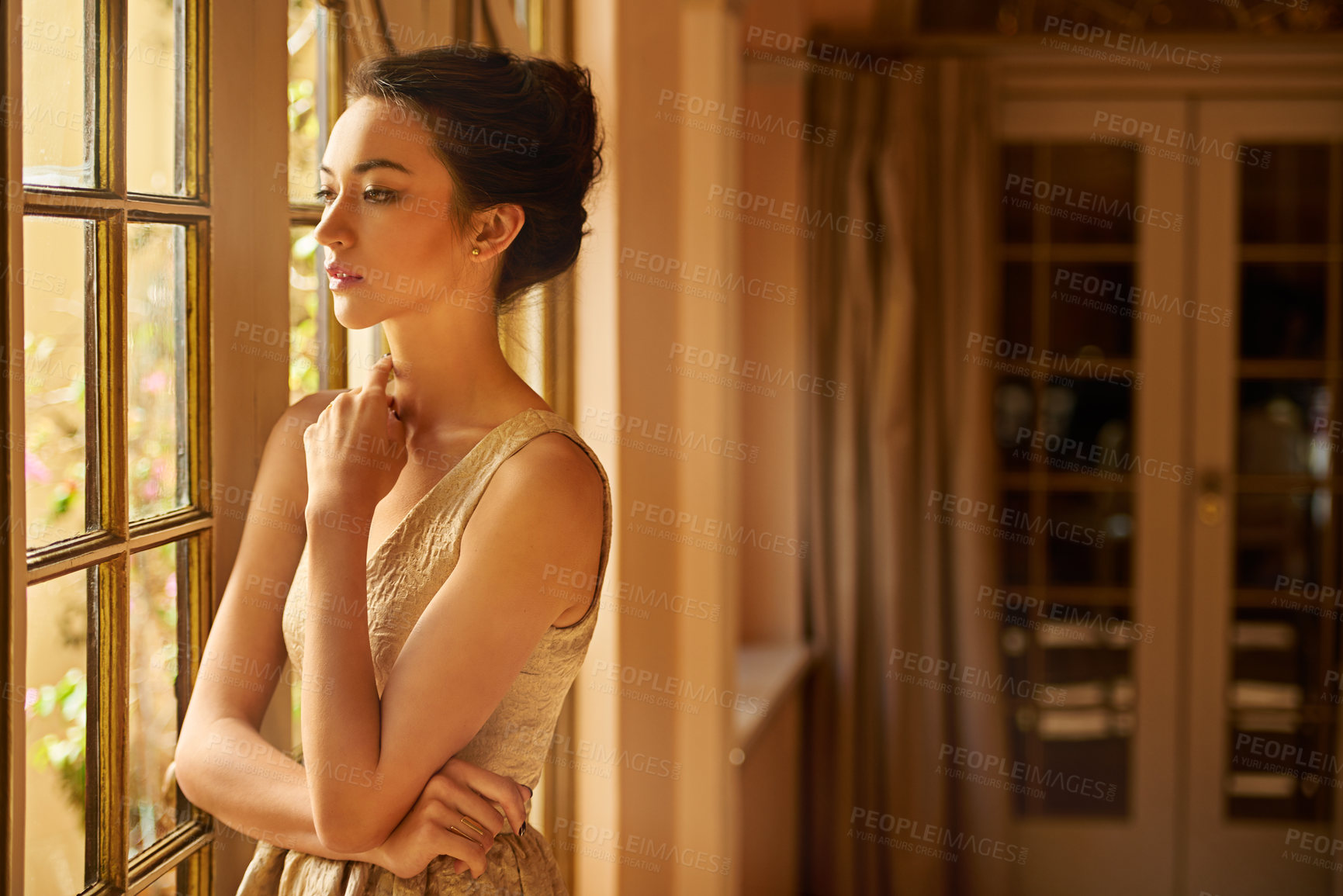 Buy stock photo Vintage fashion, thinking and woman by window in style, classy outfit and formal clothes in home. Wealth, aesthetic and person with confidence, pride and wondering in luxury manor, house and mansion