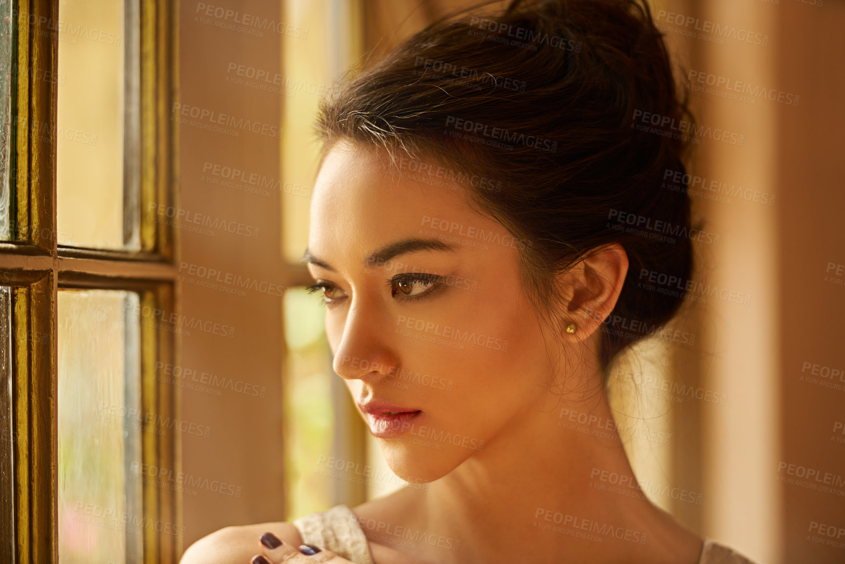 Buy stock photo Beauty, thinking and woman in elegant home for gala event in style, classy outfit and formal clothes. Window, aesthetic and person with confidence, pride and luxury in vintage manor, house or mansion