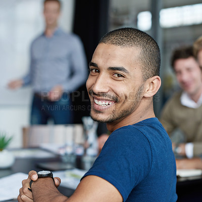 Buy stock photo Shot of a group of colleagues in a presentation in a boardroom